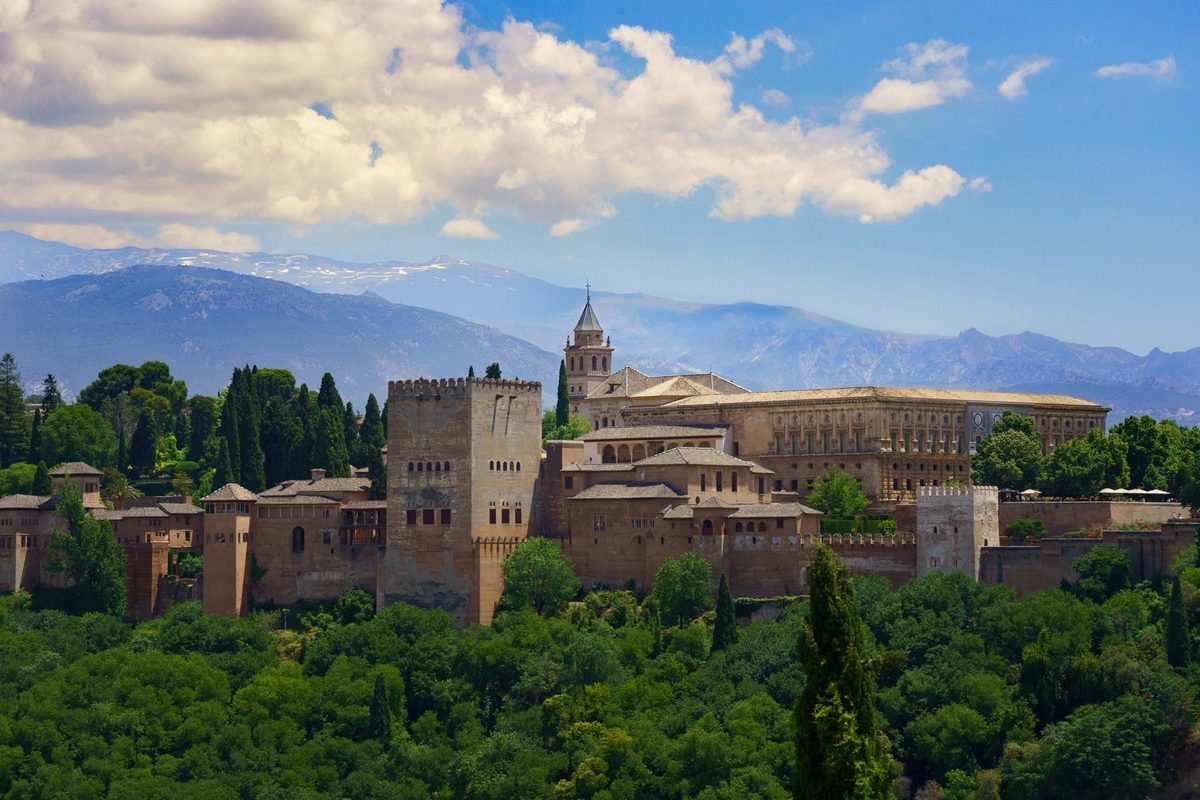 The Alhambra complex with the snow-capped Sierra Nevada mountains behind it