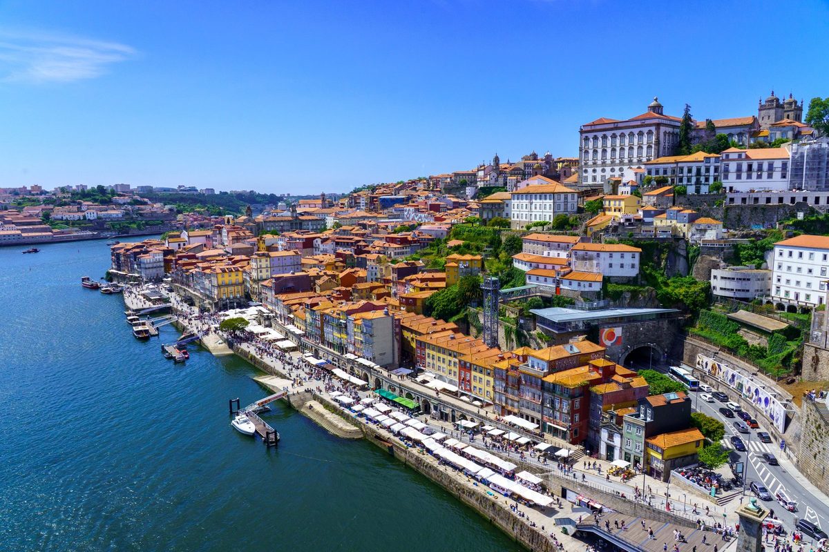 Colorful buildings along the Ribeira waterfront on the Douro River in Porto