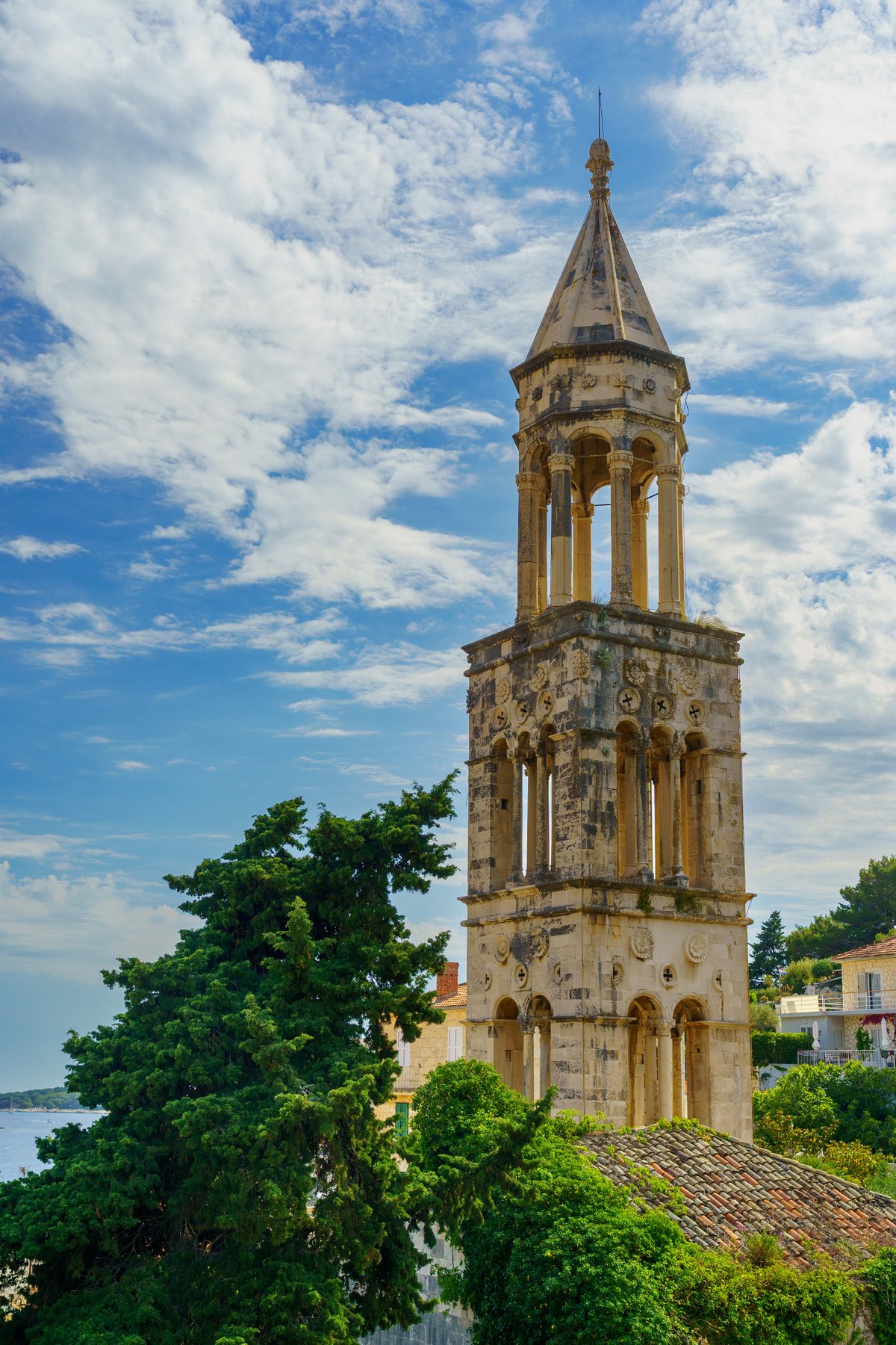 St. Stephen's Cathedral bell tower rising above Hvar's rooftops