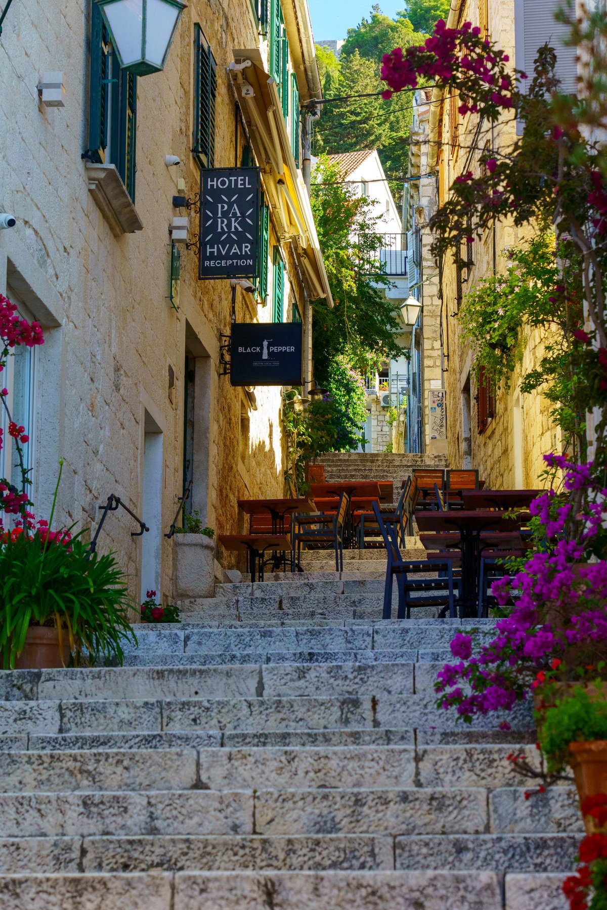 Bougainvillea draped over stone steps leading to a restaurant terrace