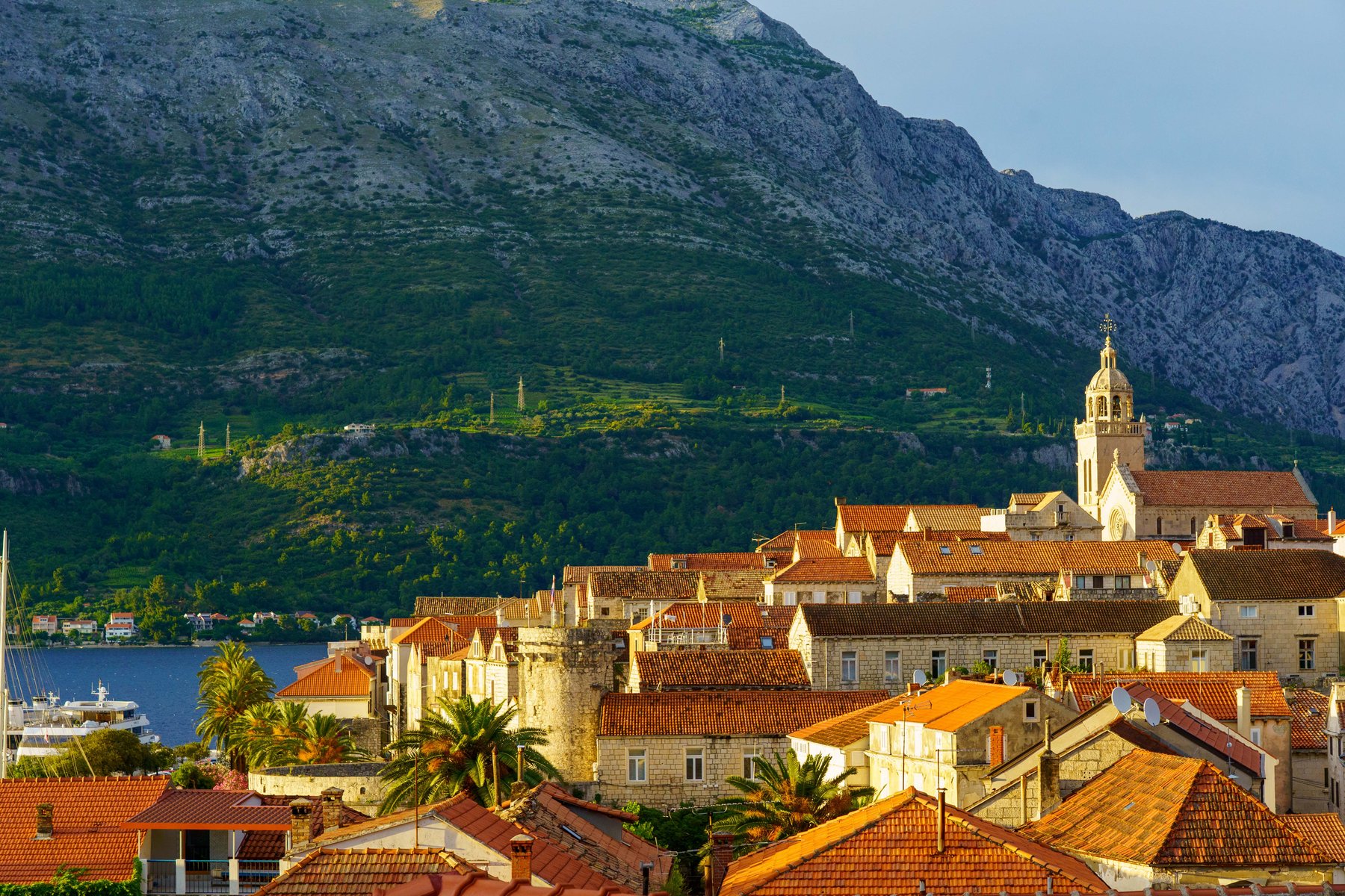 Rooftops of Korčula below the surrounding hills
