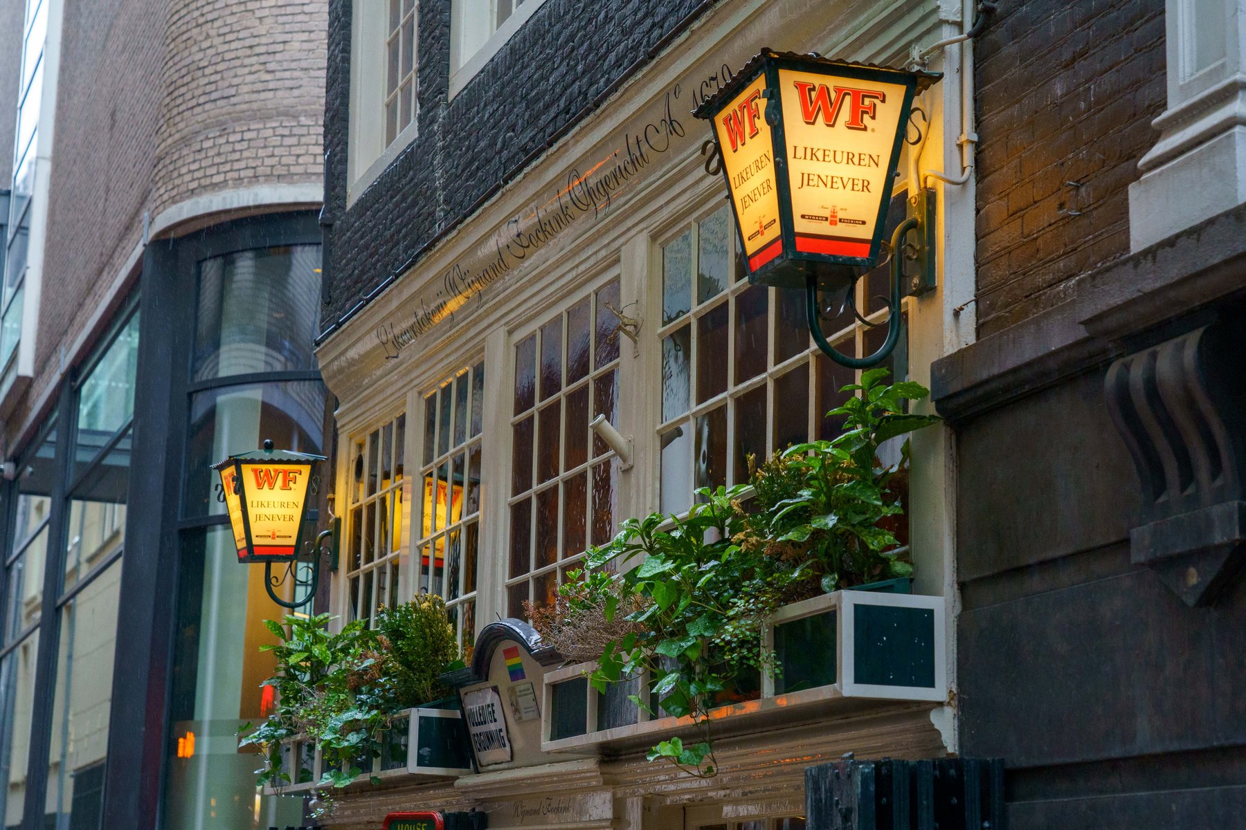 The illuminated sign of Wynand Fockink's historic jenever tasting house