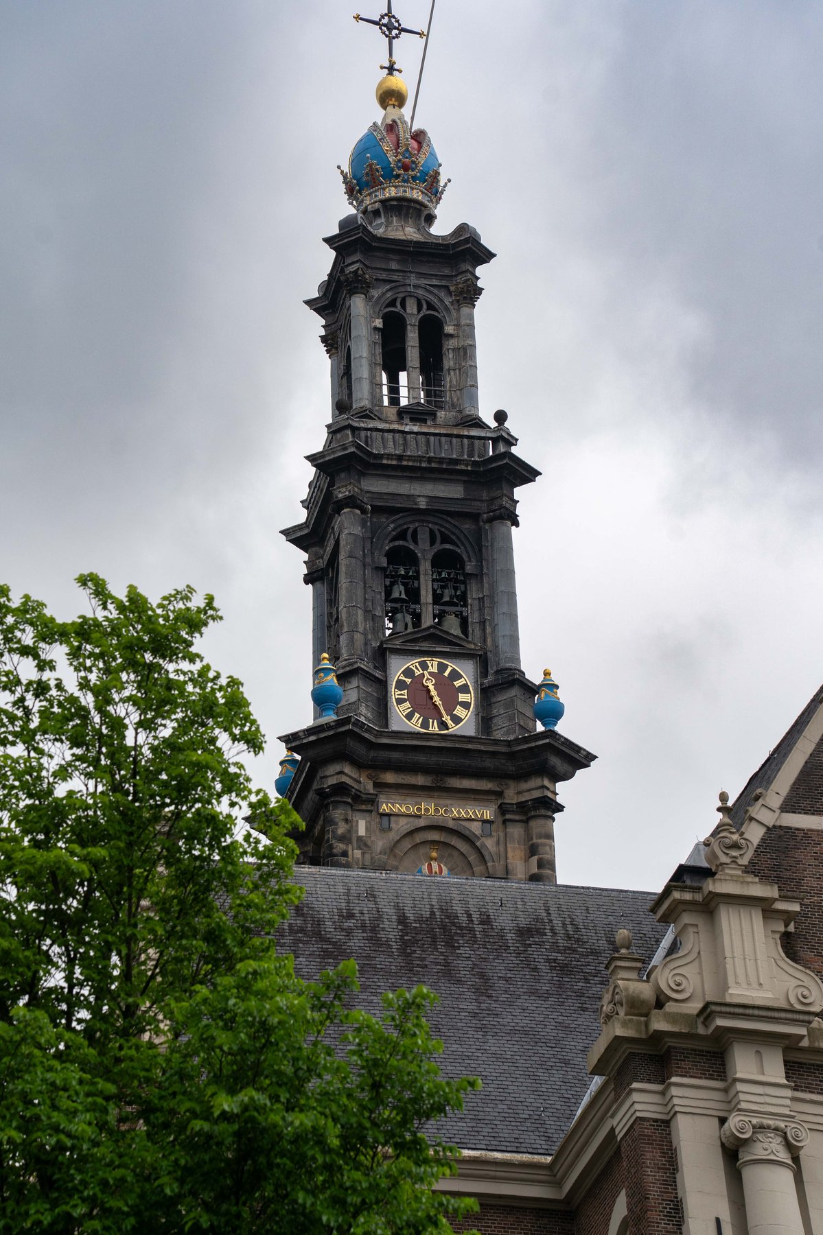The crown-topped tower of the Westerkerk against the sky