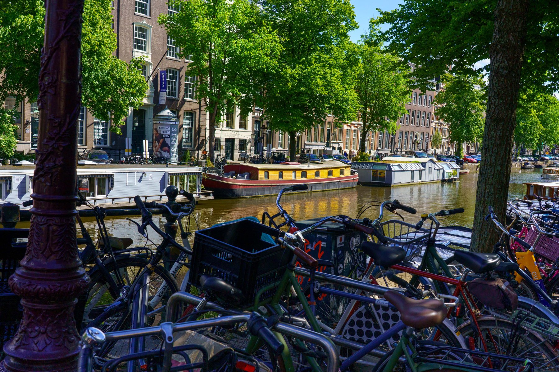 Bicycles parked along a houseboat-lined Amsterdam canal