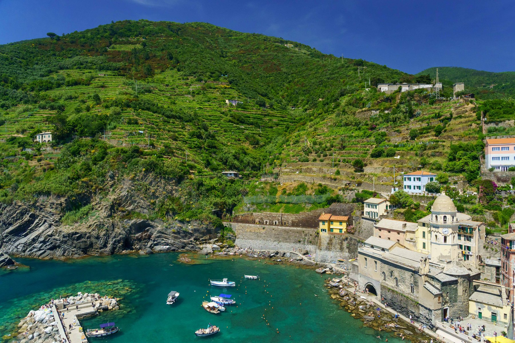 A view down over the harbor at Vernazza