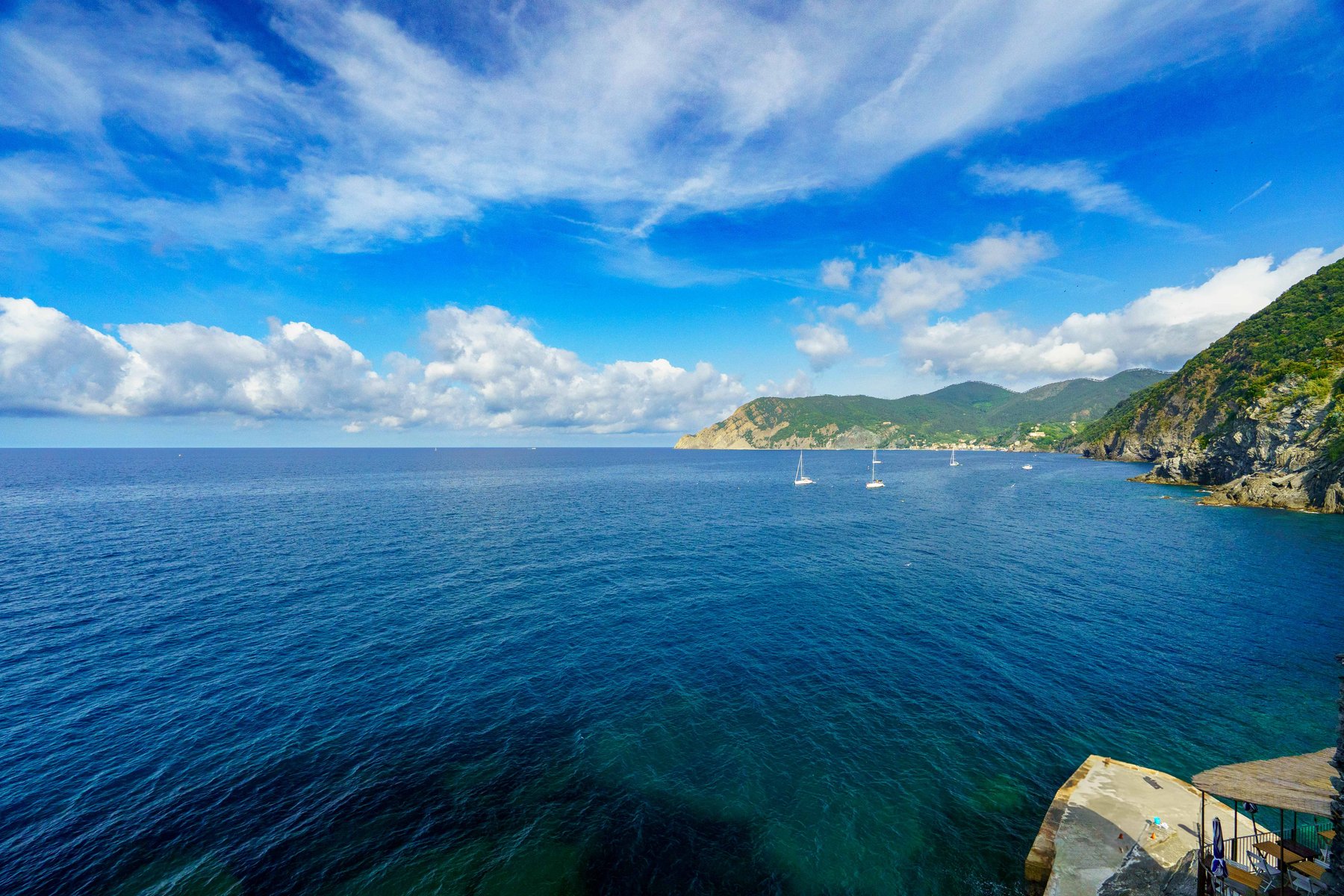 Sailboats along the coastline near Vernazza