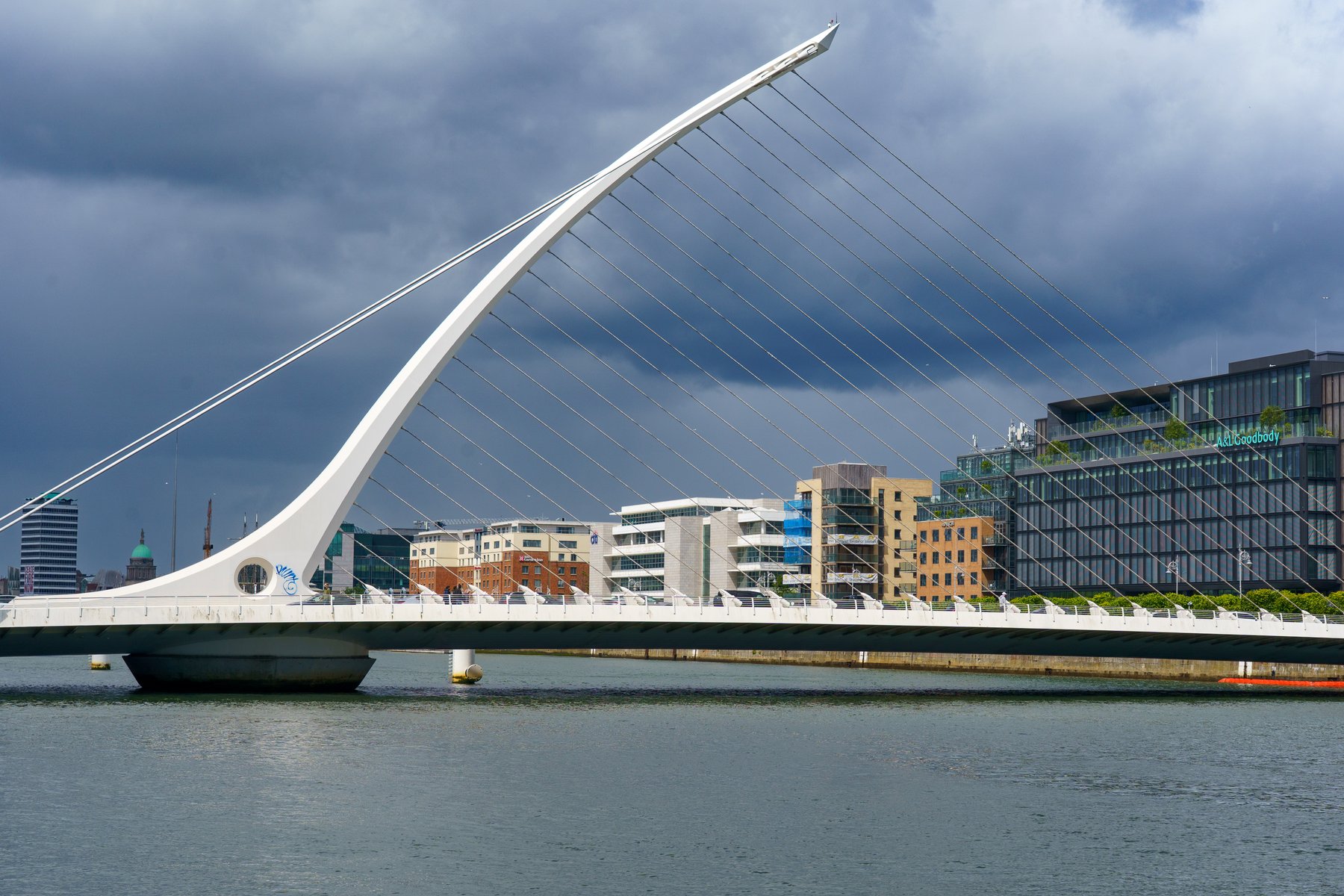 The Samuel Beckett Bridge's harp-shaped span over the River Liffey in Dublin