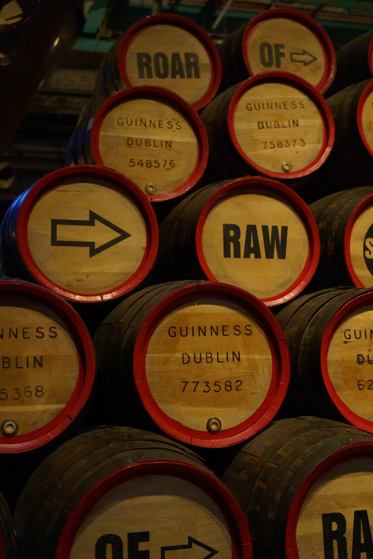 Wooden Guinness casks stacked at the Guinness Storehouse in Dublin