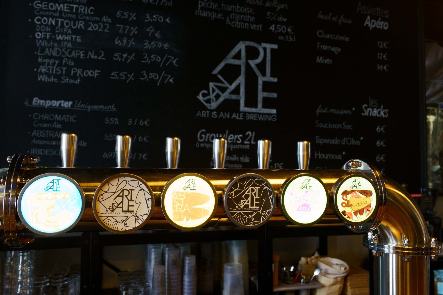 The tap wall at Art is an Ale Brewing in Amboise, France