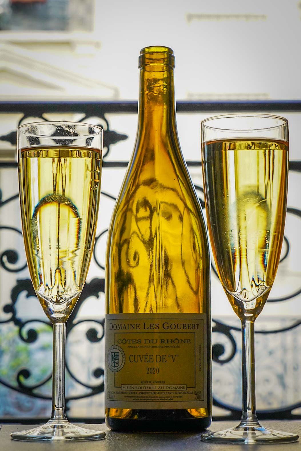 A bottle of Domaine Les Goubert Cotes du Rhone, bottled in Gigondas, France