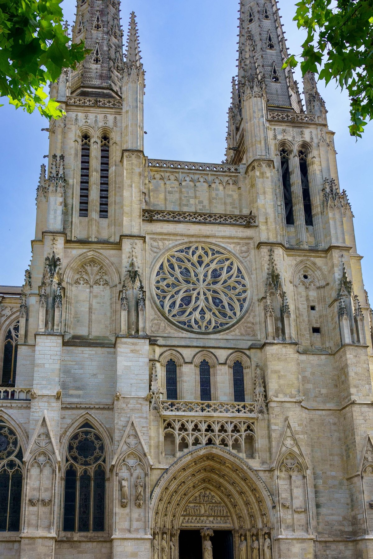 The twin Gothic spires and rose window of the Cathedrale Saint-Andre in Bordeaux