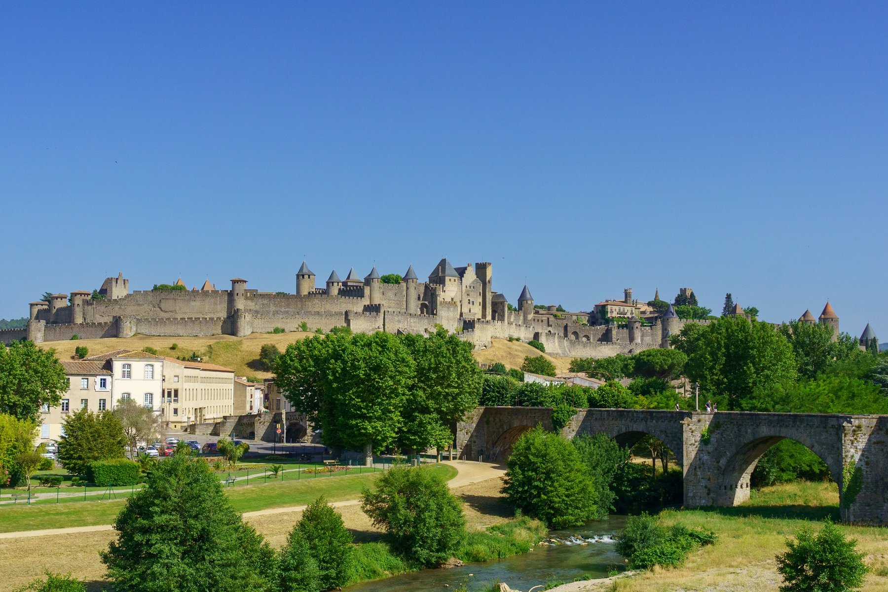 The Cite de Carcassonne seen across the Aude river and the Pont Vieux