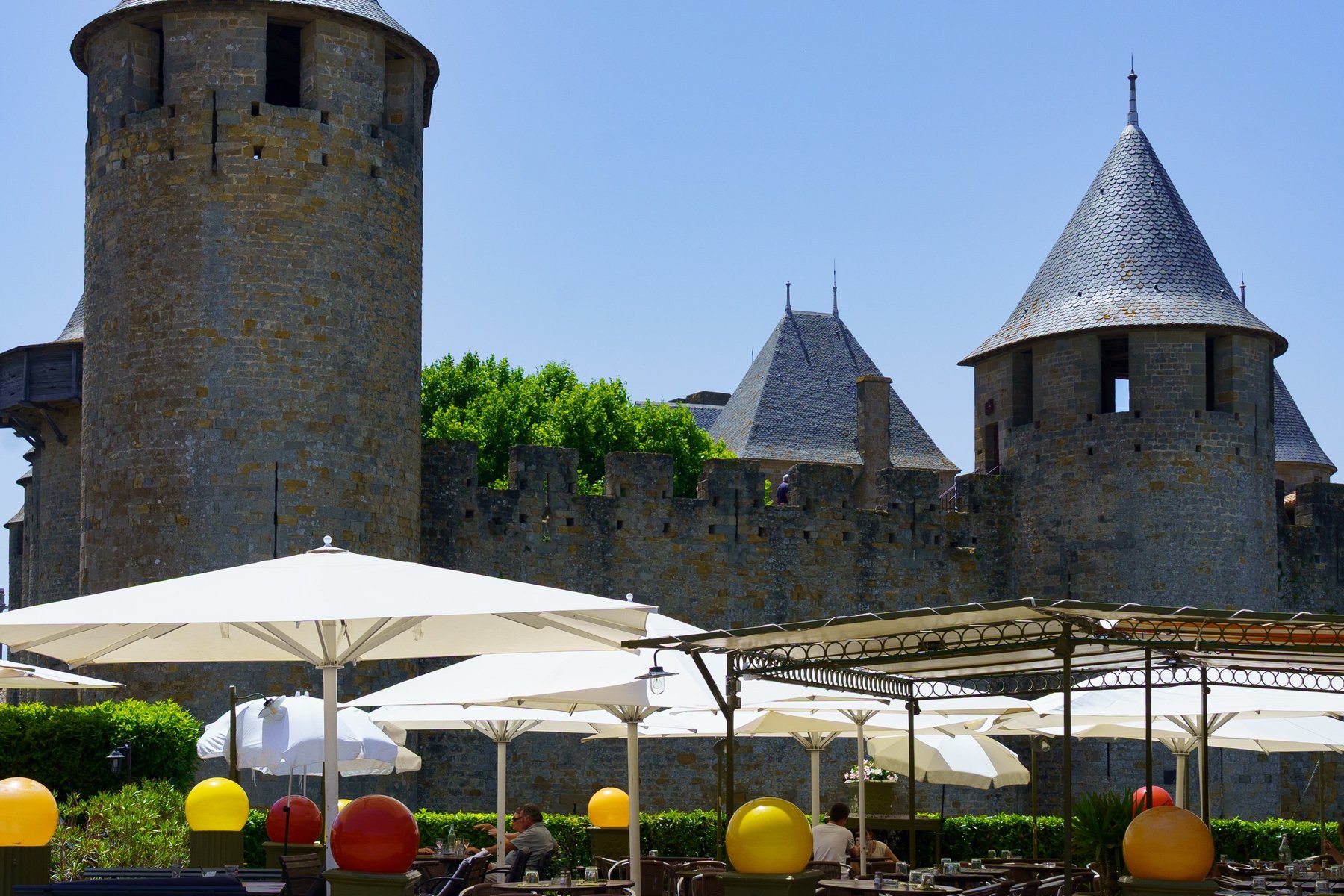Turrets of the Cite de Carcassonne seen from a terrace just outside the walls