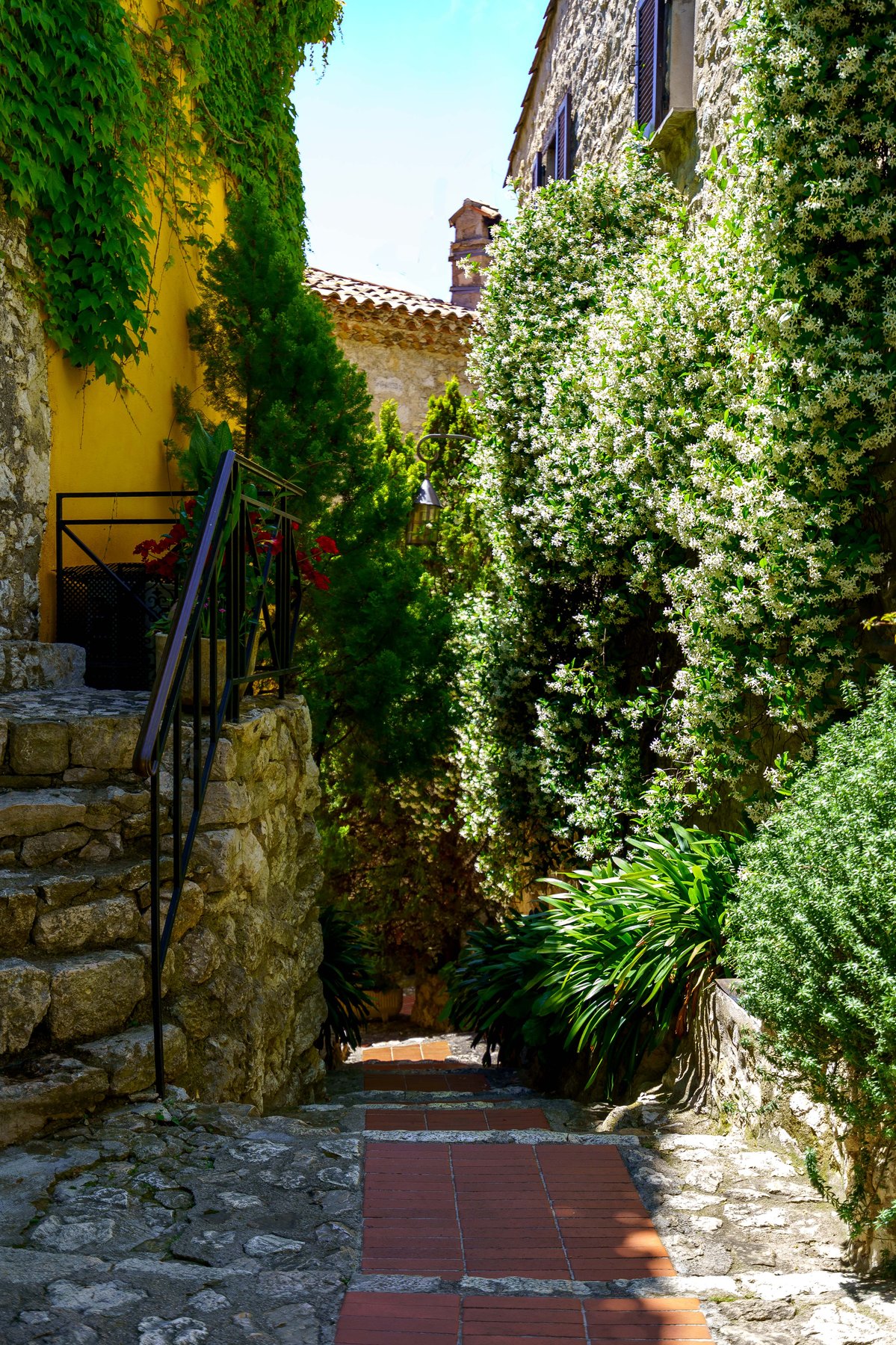 A narrow jasmine-lined street and stairway in Eze