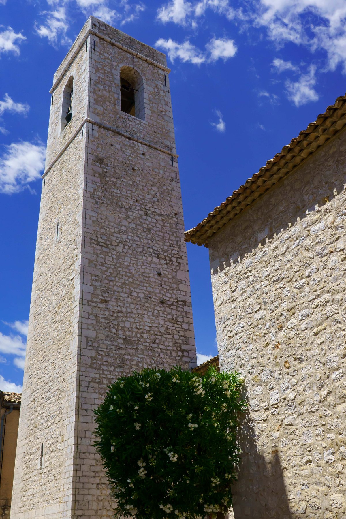 The bell tower of the Collegiate Church in Saint-Paul-de-Vence, the highest point in the village