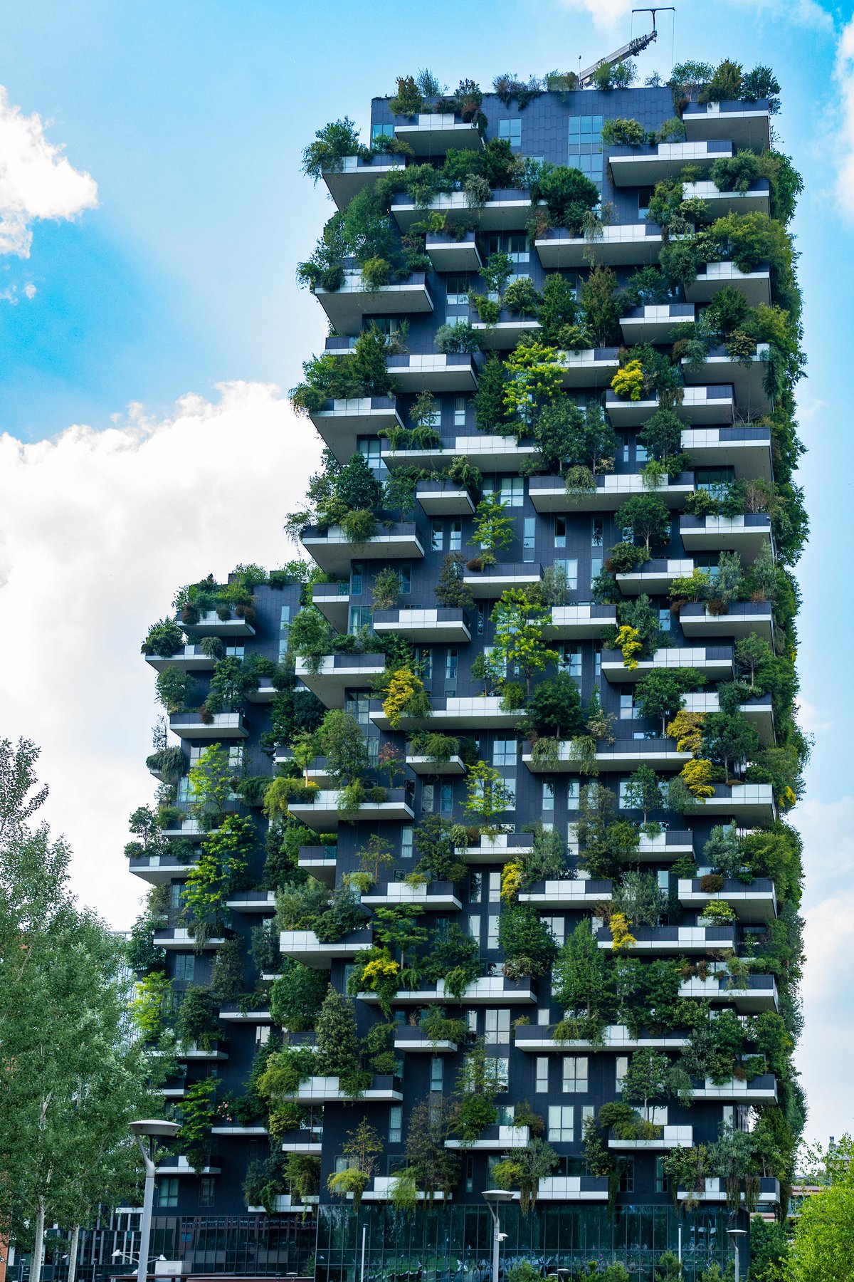 The Bosco Verticale in Milan, its balconies overtaken by trees and greenery