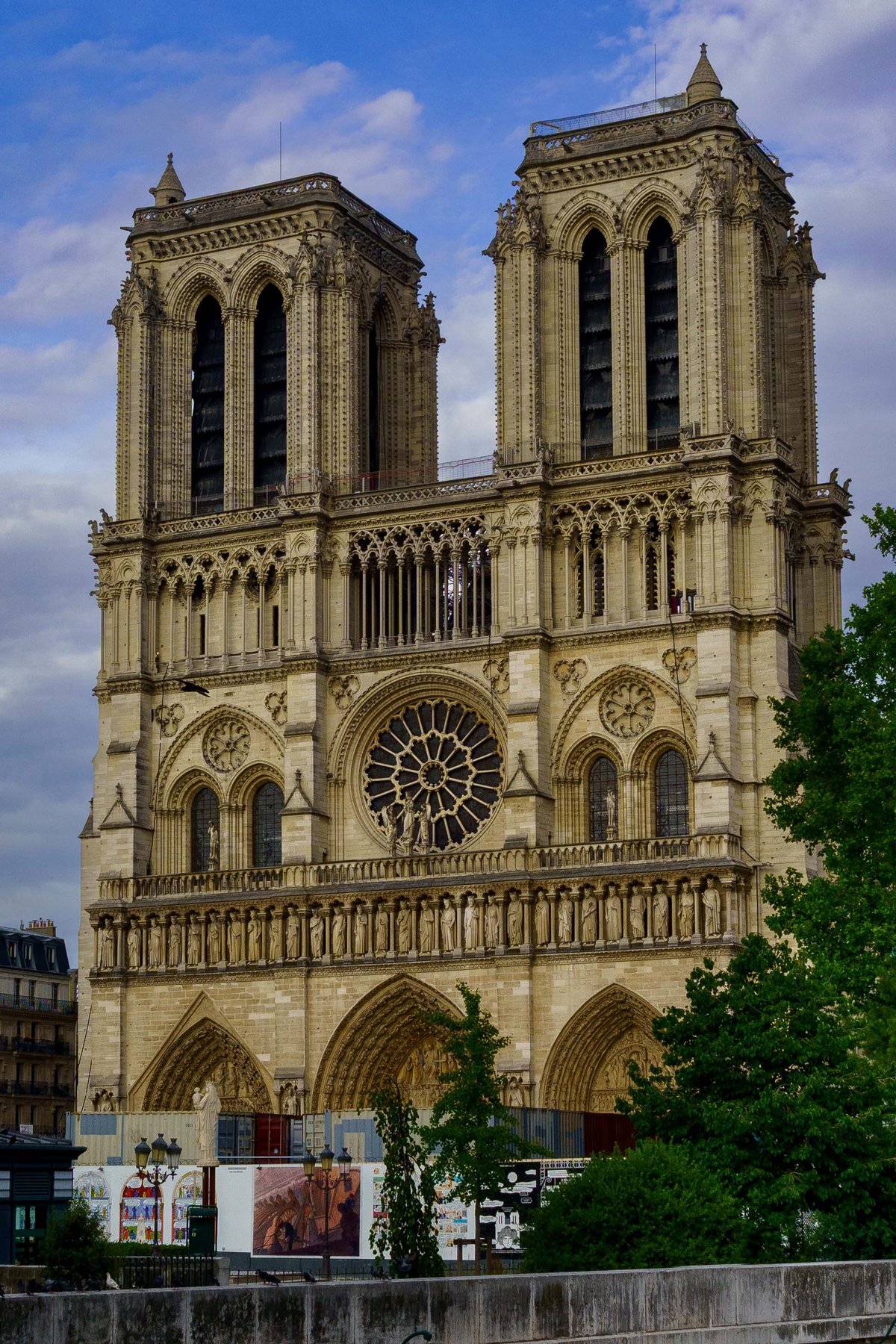 Notre-Dame's twin towers and rose window in Paris, France