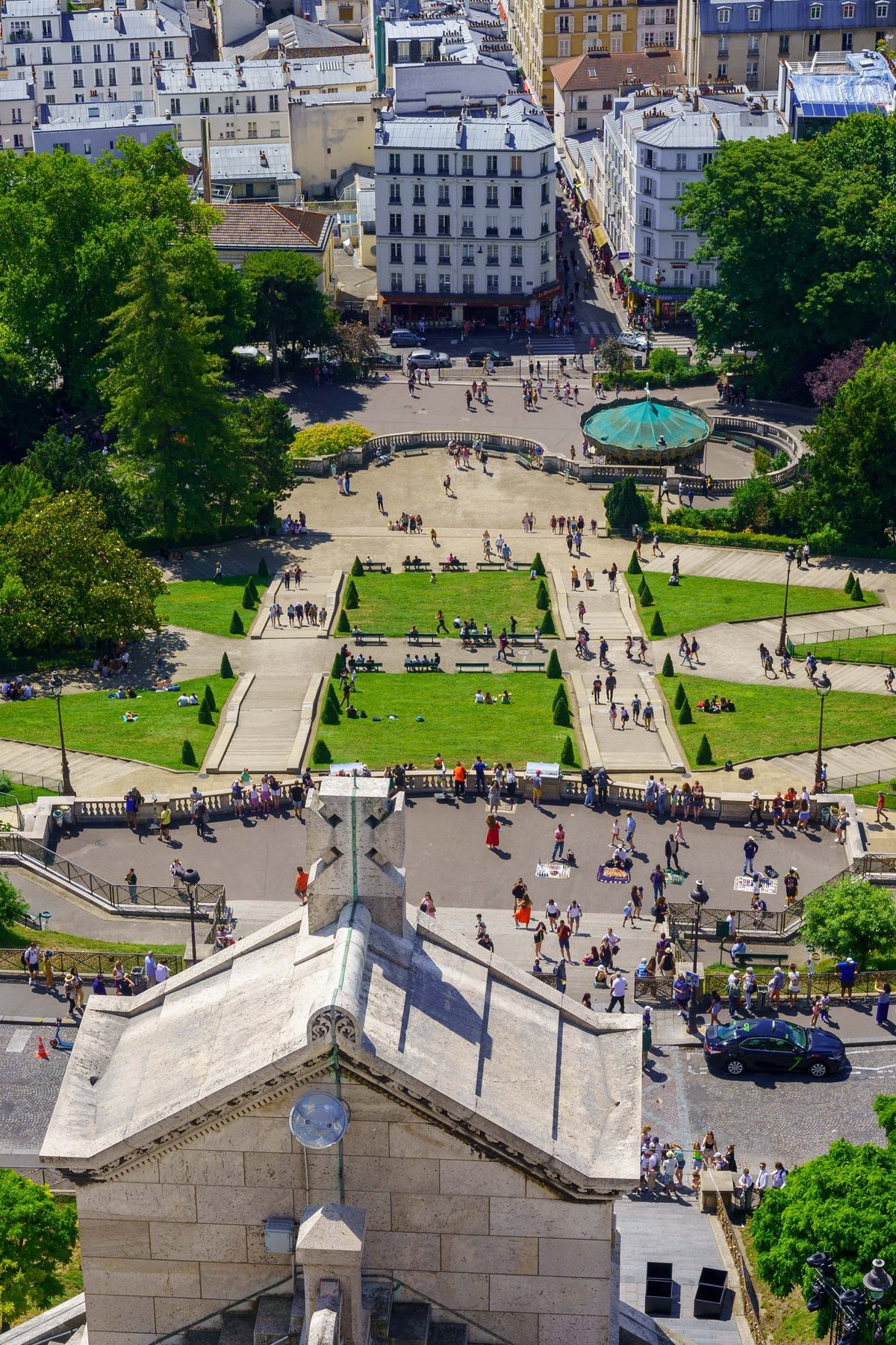 Looking down the steps of Montmartre toward the carousel below