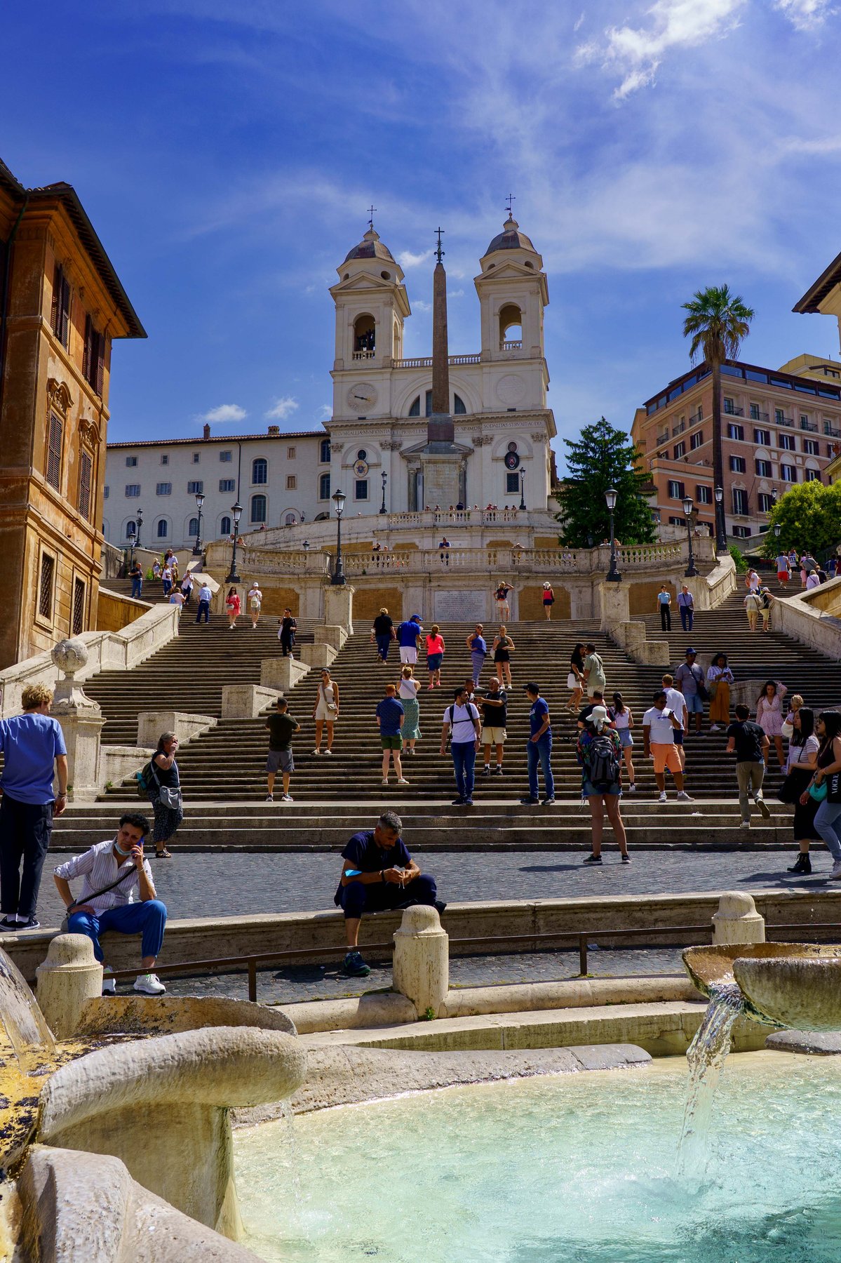 The Spanish Steps in Rome, with the church of Trinita dei Monti and its obelisk above