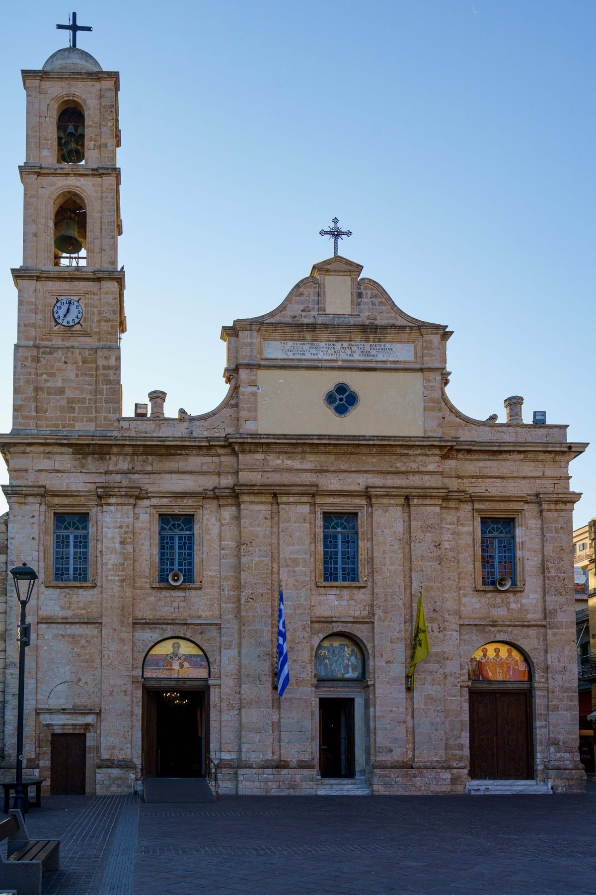 The Orthodox Cathedral of Chania with its bell tower catching the morning light