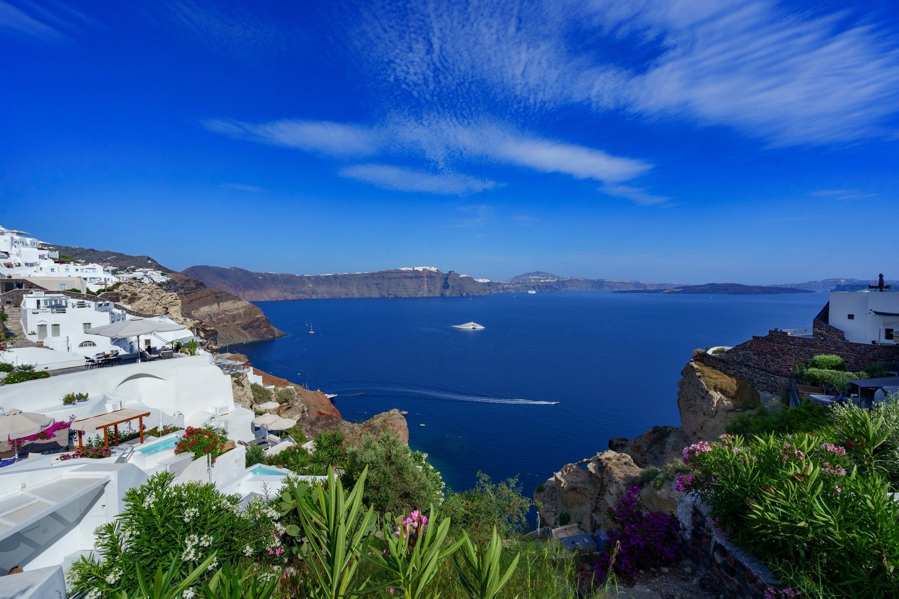 Bougainvillea and oleander framing the caldera view in Oia, Santorini