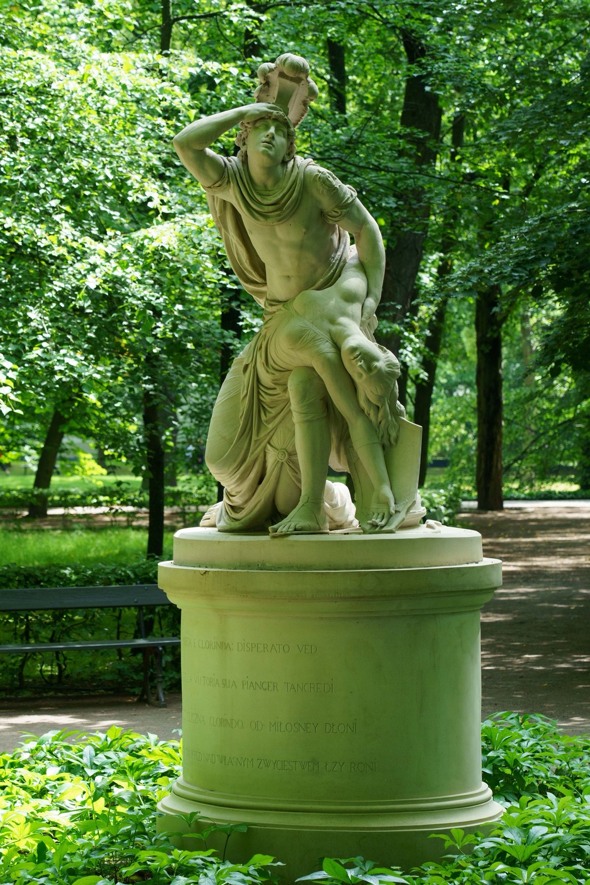 A marble statue depicting Tancred and Clorinda in Lazienki Park, Warsaw