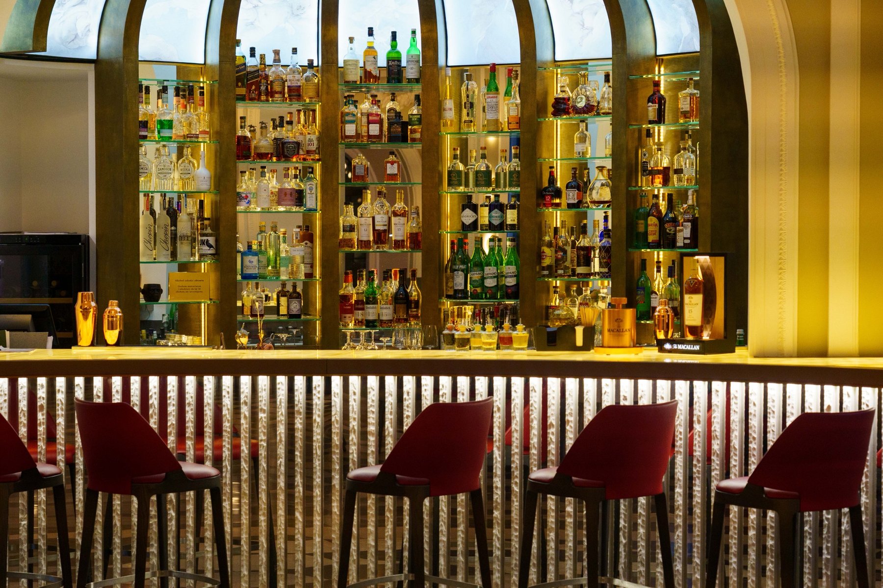The bar at Hotel Verte in Warsaw, shelves stocked with spirits