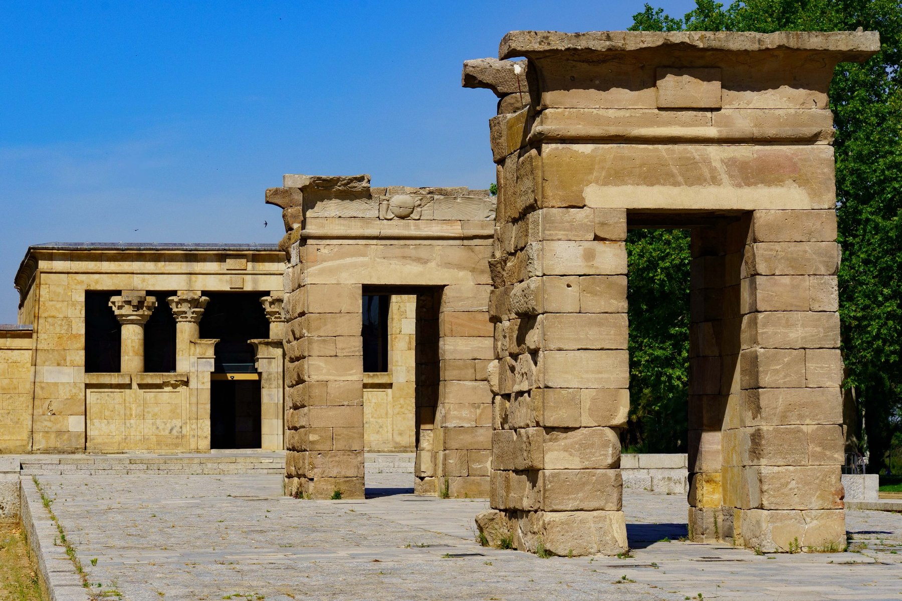 The stone gateways of the Temple of Debod, an ancient Egyptian temple in Madrid