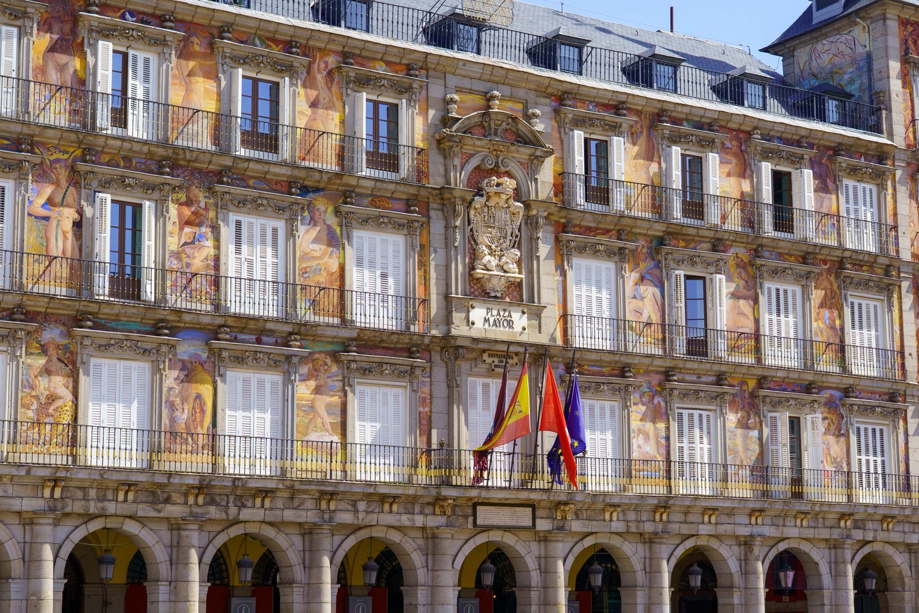 The frescoed facade of Casa de la Panadería on Plaza Mayor in Madrid