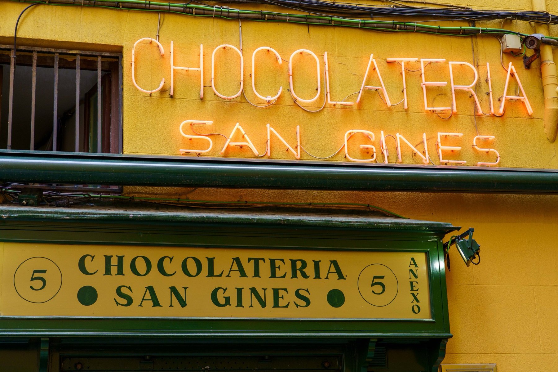 The neon sign of Chocolateria San Gines in Madrid