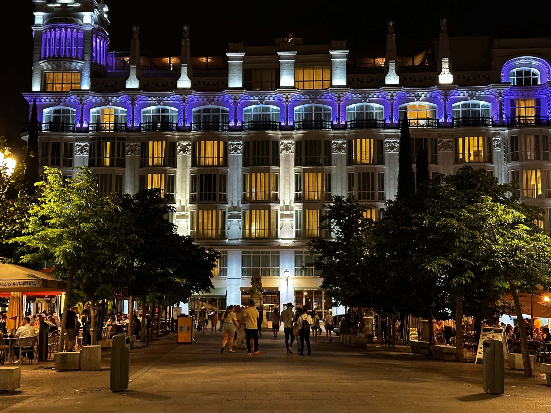 Plaza de Santa Ana in Madrid, lively with restaurants and bars at night