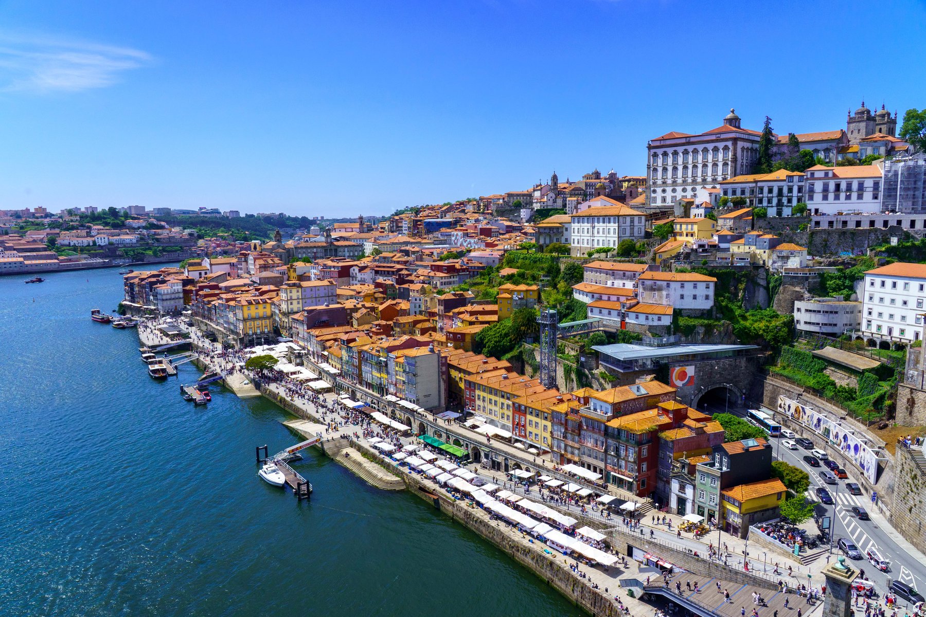 Colorful buildings along the Ribeira waterfront on the Douro River in Porto
