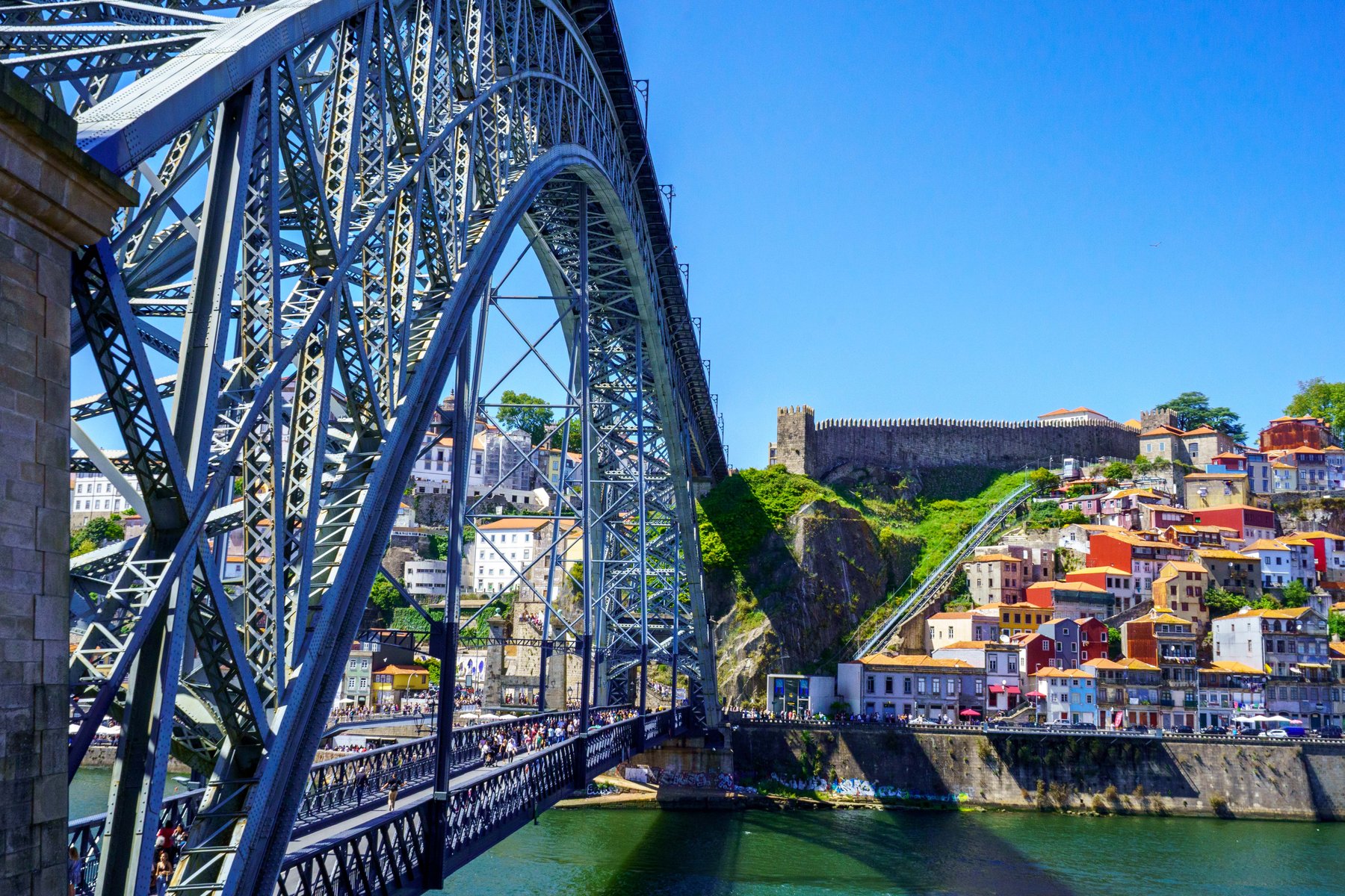 The iron arch of the Dom Luís I Bridge with Porto's city walls and hillside houses behind