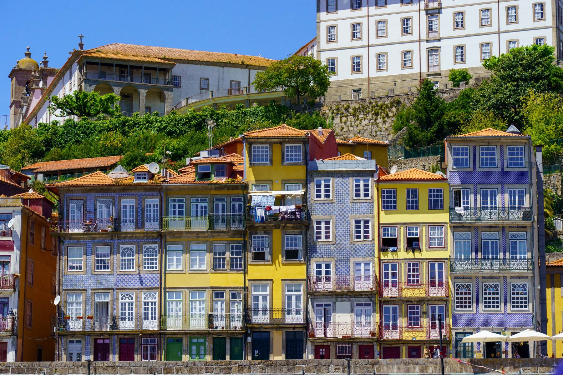 A row of colorful tiled and painted houses along the Ribeira waterfront in Porto