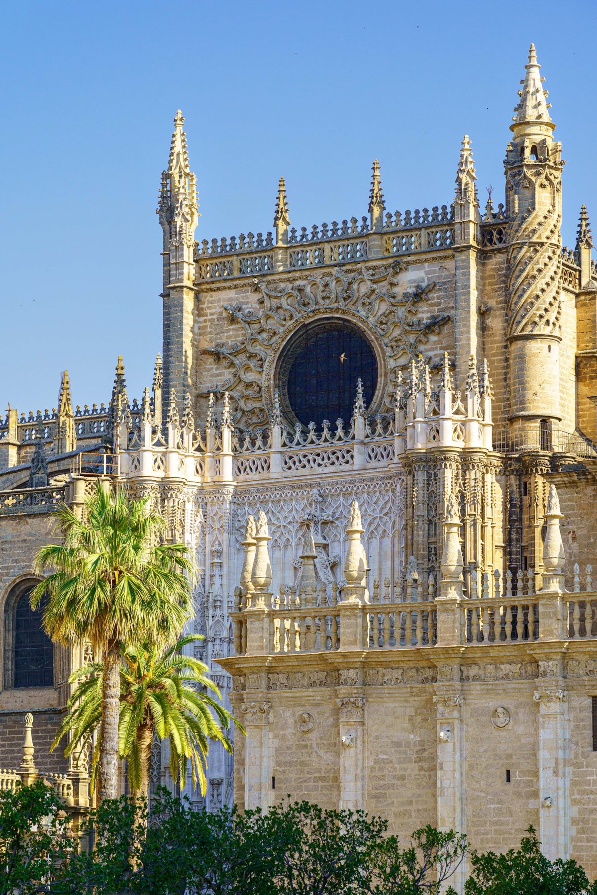 The Gothic facade of the Seville Cathedral with a rose window and spire